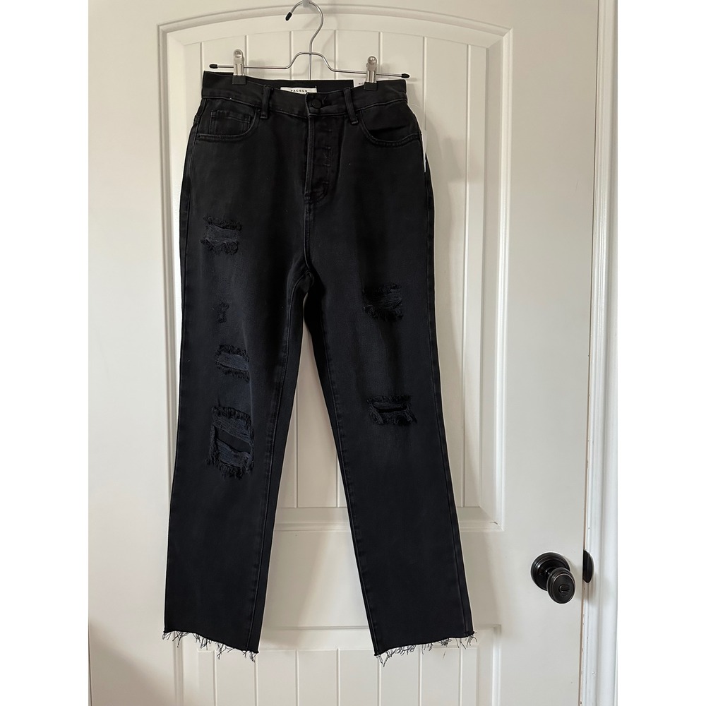 NWT PacSun High Rise Straight Leg Black Distressed Denim Jeans Size 25 - Picture 1 of 11